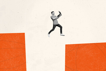 Aufkleber - Trend artwork composite sketch image photo collage of beige orange color workspace man work laptop fly between platform line doodle draw