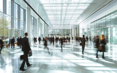 Poster - A busy modern office lobby filled with professionals in suits, showcasing a sleek and bright architectural design.