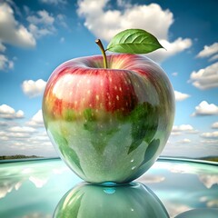 A 3D illustration of a red apple with a world map design. set against a blue sky with fluffy clouds.