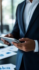 Poster - A business professional holding a smartphone, surrounded by documents and graphs, indicating a focus on data analysis.
