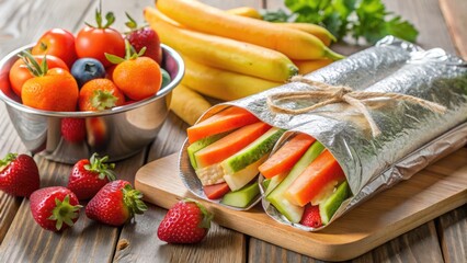 A neatly wrapped sandwich, carrot sticks, and fresh fruit in shiny aluminum foil, ready for a quick and easy meal on-the-go.