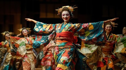 Wall Mural - A group of women in traditional Japanese clothing are dancing together