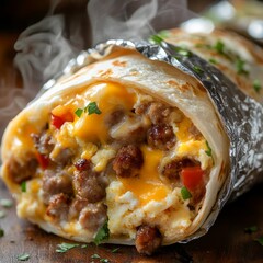 Sticker - Steaming breakfast burrito with sausage, eggs, cheese, and peppers wrapped in foil.