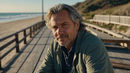 A middle-aged man with gentle, wavy hair and a calm expression, seated on a boardwalk near the beach.