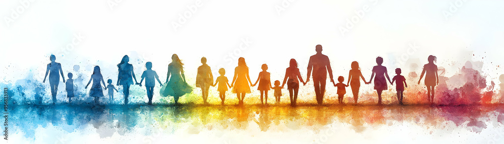 Family Diversity Border with Inclusivity Text concept as A clean border frame with diverse family silhouettes and the word Inclusivity at the top. The central area is left open for copy space ideal fo