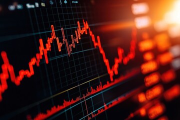 Poster - Close-up of financial stock market chart with red trend line, symbolizing economic data, analysis, and investment fluctuations.