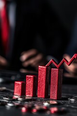 Fototapete - Closeup of red bar graph with rising arrow conveying financial growth and success on a dark background.