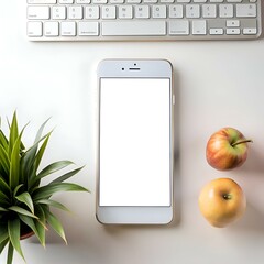 Modern minimalist flat lay with a blank smartphone screen. a small potted plant. and two apples on a white desk.