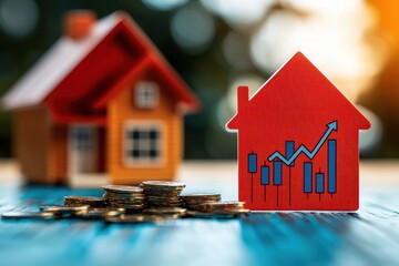 Poster - House model with rising chart and stack of coins representing real estate investment and financial growth.