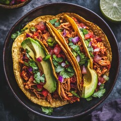 Canvas Print - Three chicken tacos with avocado, onion, and cilantro on a black plate.