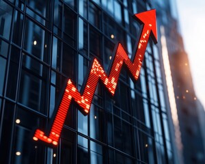 Red arrow showing upward growth on digital screen on modern glass building, symbolizing business success, economic growth, and progress.