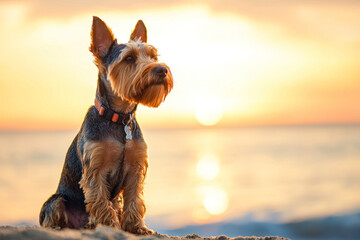 Portrait of welsh terrier dog sitting at sea shore at sunset.