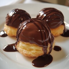 Wall Mural - Three chocolate-covered cream puffs drizzled with chocolate sauce on a white plate.