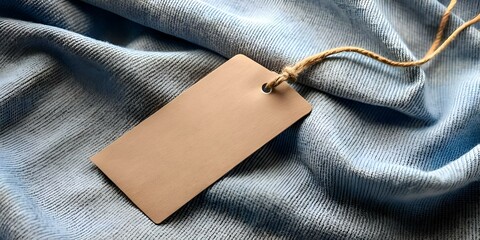 Blank brown paper tag tied with twine on a blue fabric background.