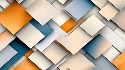 Poster - Abstract Geometric Pattern of Overlapping Squares in Orange, White, and Blue.