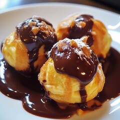 Wall Mural - Three chocolate-covered cream puffs with powdered sugar on a white plate.