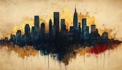 Wall Mural - Abstract painting of a gold, black, and blue cityscape on a beige background, with brown brushstrokes.