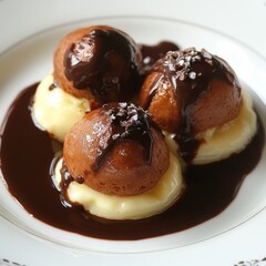 Canvas Print - Three chocolate-covered profiteroles with vanilla custard on a white plate.