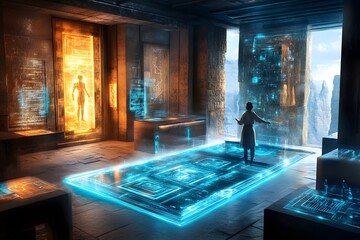 Poster - Futuristic Interior with Holographic Projection.