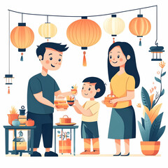 Flat Candid Moment of Family Decorating for Mid Autumn Festival concept as A candid shot of a family decorating their home for the Mid Autumn Festival with lanterns and festive ornaments. The scene ca