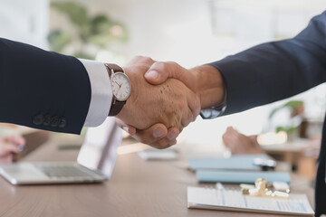 Wall Mural - A business professional shaking hands with a software developer, symbolizing a new partnership.