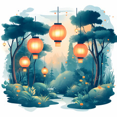 Wall Mural - Flat Glossy Forest Clearing with Lanterns for Mid Autumn Festival concept as A glossy forest clearing background illuminated by lanterns creating a mystical and reflective setting for the Mid Autumn F