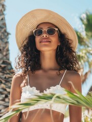 Aufkleber - The woman smiles while wearing a stylish summer outfit, basking in the sun among tropical palm trees on a warm day. Generative AI