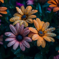 Poster - Three orange and pink flowers with dew drops on their petals, surrounded by green leaves.