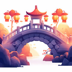 Wall Mural - Flat Glossy Stone Bridge with Lanterns for Mid Autumn Festival concept as A glossy stone bridge background illuminated by lanterns reflecting the serene and timeless atmosphere of the Mid Autumn Festi