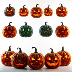 A group of eight lit spooky halloween pumpkins, jack o lantern with evil face and eyes isolated against a white background, backgrounds for halloween, Ultra realistic, Photorealistic 