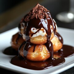 Canvas Print - Three profiteroles drizzled with chocolate sauce and topped with chocolate shavings, served on a white plate.