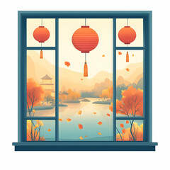 Wall Mural - Flat Glossy Window View of Mid Autumn Festival Celebration concept as A glossy window view overlooking a Mid Autumn Festival celebration with lanterns and decorations visible through the glass. The re