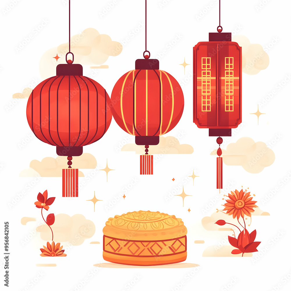 Flat Lantern and Mooncake with Mid Autumn Wording concept as A vector ...