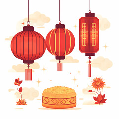 Wall Mural - Flat Lantern and Mooncake with Mid Autumn Wording concept as A vector illustration of a lantern and mooncake side by side with Mid Autumn Festival wording below isolated on a white background. The ele