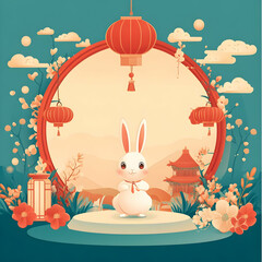 Poster - Flat Rabbit and Lantern Border Frame with Copy Space concept as A border frame with a rabbit and lantern at the top and bottom creating a balanced design with copy space in the center. Happy Mid Autum