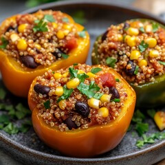 Poster - Three stuffed bell peppers with quinoa, black beans, corn, and tomato sauce on a gray plate.