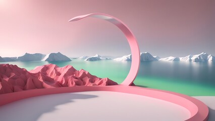 minimalist 3d product showcase featuring a circular arctic view with mountains sea
