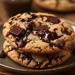 Wall Mural - Two chocolate chip cookies with chocolate chunks and drizzle on a plate.