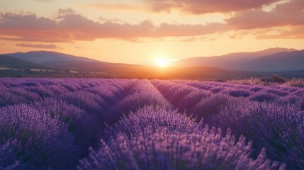 Wall Mural - A field of lavender in the sunset, symbolizing peace and tranquility, perfect for spa and wellness promotions