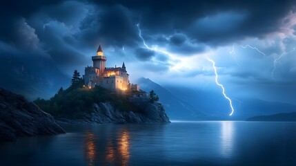 a vampireâ€™s castle perched on a rocky cliff under a stormy sky. lightning strikes illuminate the d