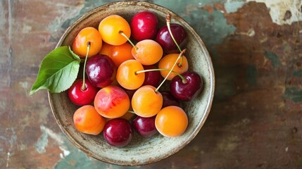 Wall Mural - Bowl of Fresh Apricots and Cherries