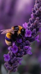 Wall Mural - Closeup of a Bumblebee on Purple Lavender Flower