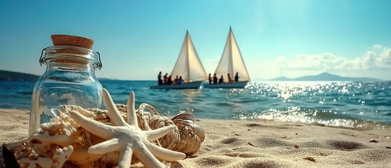 A serene beach scene featuring a glass jar and seashells, with sailboats gently gliding in the background under a clear blue sky.