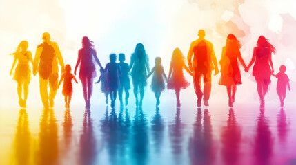 Wall Mural - Glossy Family Diversity Silhouette Background concept as A vibrant background with glossy silhouettes of diverse families seamlessly blended with abstract colors. The glossy theme represents unity and