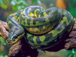 Wall Mural - Green anaconda on tree branch