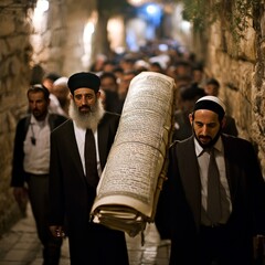 Wall Mural - Two men in traditional Jewish clothing carry a large scroll through a narrow passageway, followed by a crowd of people.