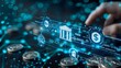 © Dao - Digital Banking and Financial Technology Concept. A person presents digital banking and financial technology icons, and currency symbols, emphasizing modern online payment systems and e-commerce.