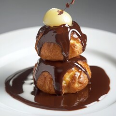 Wall Mural - Two profiteroles topped with chocolate sauce and a candied cherry.