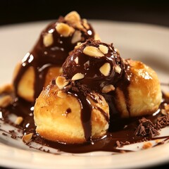 Wall Mural - Two profiteroles topped with chocolate sauce and chopped nuts on a white plate.