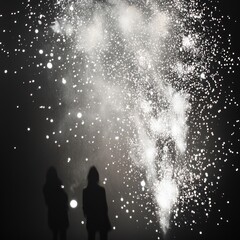 Wall Mural - Two silhouetted figures stand in awe of a dazzling fireworks display exploding overhead.